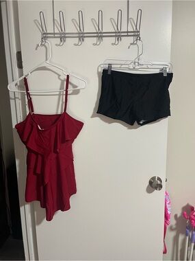 Amazon Women's Red Ruffle Tankini with Black Swim Shorts